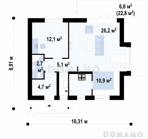 Проект загородного дома с мансардными окнами, балконом, открытой террасой / План 1 этажа Проект загородного дома с мансардными окнами, балконом, открытой террасой / План 1 этажа