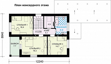 Проект  стильного дома из пеноблоков  с навесом для машины / План мансардного этажа Проект  стильного дома из пеноблоков  с навесом для машины / План мансардного этажа