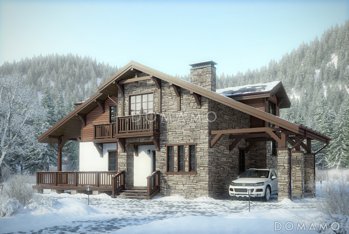 Проект каркасного горного шале с балюстрадой и навесом
