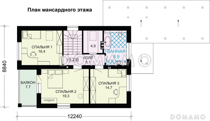 Проект  стильного дома из пеноблоков  с навесом для машины / План мансардного этажа