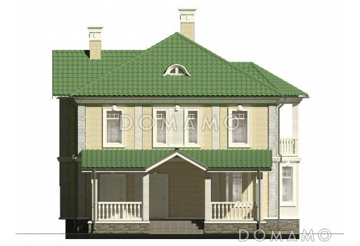 Проект классического коттеджа 10х10 с террасой из кирпича / Фасад 1