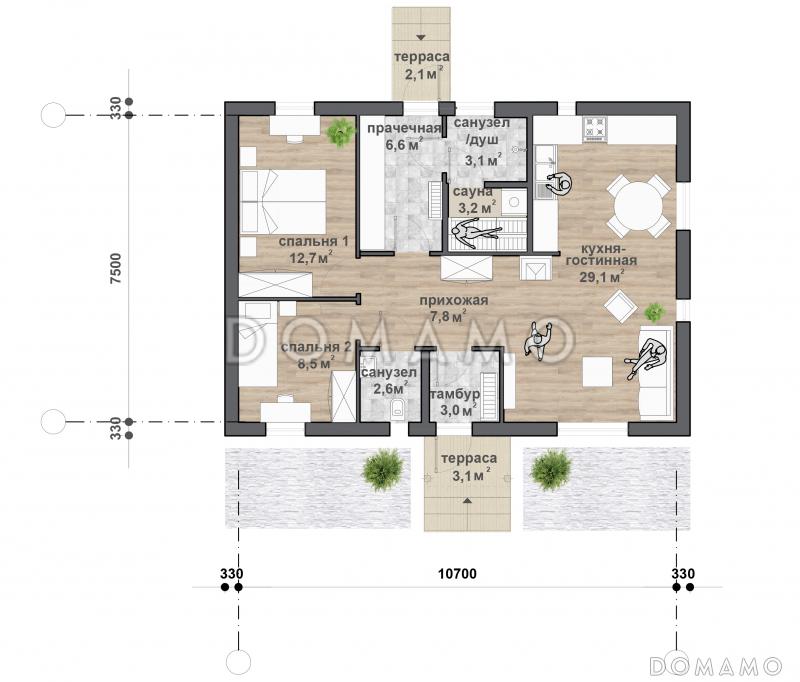 C-101 одноэтажный дом  / План 1 этажа
