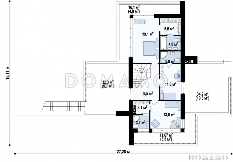Проект современного двухэтажного дома из кирпича с плоской крышей необычного дизайна, подходит для участка со склоном / План 2 этажа