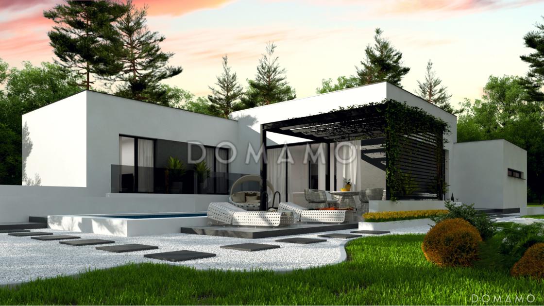 Проект загородного дома с плоской крышей, гаражом на две машины, спальнями с санузлами / 1