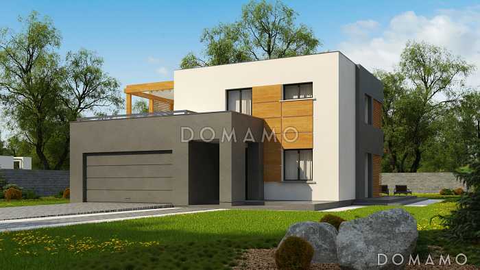 Проект двухэтажного дома с гаражом на две машины, террасами, хозяйской спальней, кухней и гостиной без перегородки Проект двухэтажного дома с гаражом на две машины, террасами, хозяйской спальней, кухней и гостиной без перегородки