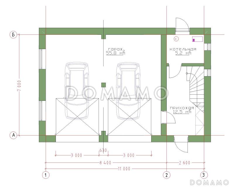 Проект гаража на 2 машины с котельной и  мансардой / План 1 этажа