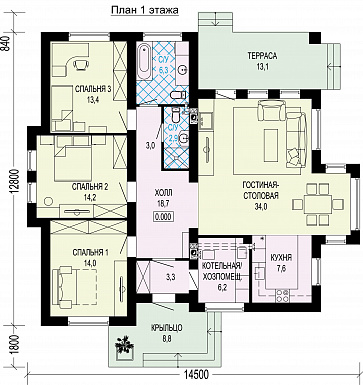 Проект одноэтажного газобетонного загородного дома / План 1 этажа Проект одноэтажного газобетонного загородного дома / План 1 этажа