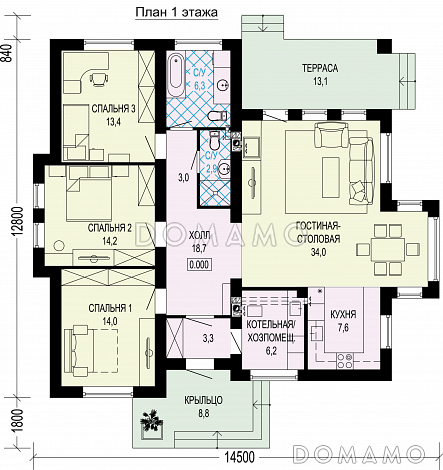 Проект одноэтажного газобетонного загородного дома / План 1 этажа Проект одноэтажного газобетонного загородного дома / План 1 этажа