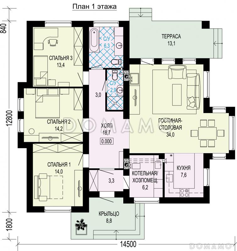 Проект одноэтажного газобетонного загородного дома / План 1 этажа