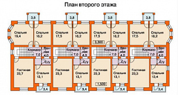 Проект таунхауса на четыре семьи / План 2 этажа Проект таунхауса на четыре семьи / План 2 этажа