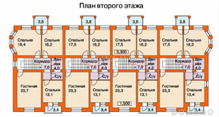 Проект таунхауса на четыре семьи / План 2 этажа Проект таунхауса на четыре семьи / План 2 этажа