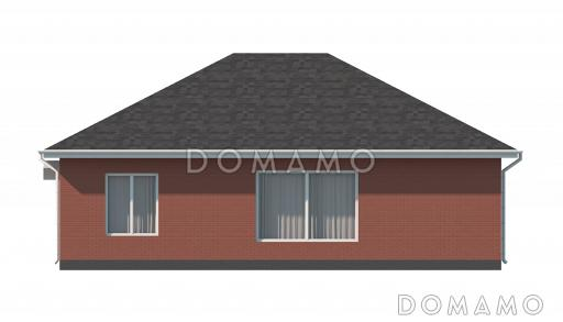 Проект загородного дома с террасой, просторным тамбуром, ванной и душевой, кухней-столовой в центральной части дома / Фасад 1