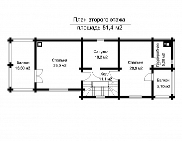 Проект двухэтажного дома из клееного бруса с подвальным этажом и холодным чердаком / План 2 этажа Проект двухэтажного дома из клееного бруса с подвальным этажом и холодным чердаком / План 2 этажа