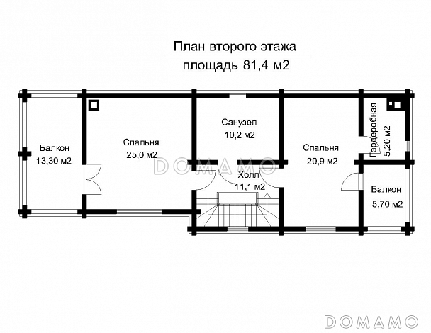 Проект двухэтажного дома из клееного бруса с подвальным этажом и холодным чердаком / План 2 этажа Проект двухэтажного дома из клееного бруса с подвальным этажом и холодным чердаком / План 2 этажа