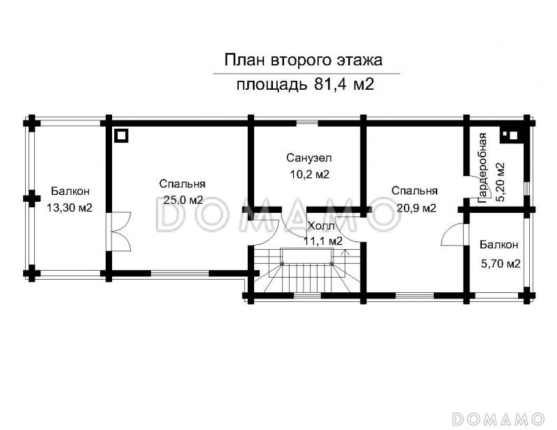 Проект двухэтажного дома из клееного бруса с подвальным этажом и холодным чердаком / План 2 этажа
