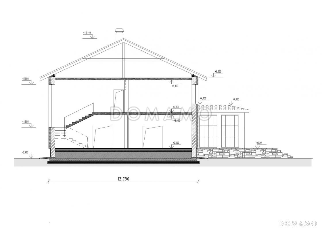 Проект дома с входом с угла здания, террасами, кладовой в кухне, сауной, хозяйской спальней и детскими / 3