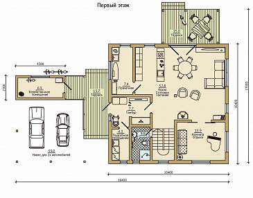 Проект каркасного дома с хозяйственной пристройкой и навесом на две машины / План 1 этажа