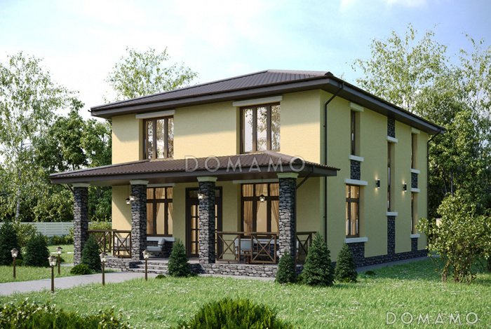 Проект двухэтажного дома с 4 спальнями, кабинетом, просторной кухней-гостиной и длинной крытой террасой Проект двухэтажного дома с 4 спальнями, кабинетом, просторной кухней-гостиной и длинной крытой террасой