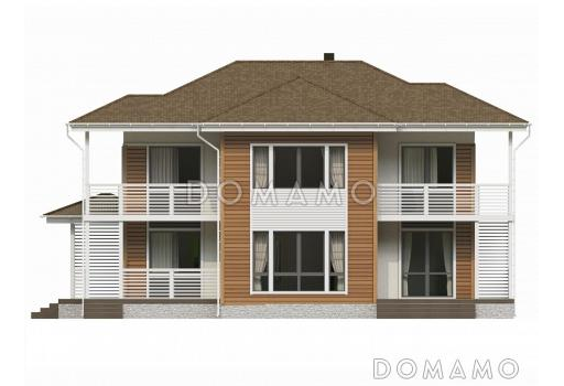 Проект каркасного дома с двумя угловыми балконами / Фасад 4 Проект каркасного дома с двумя угловыми балконами / Фасад 4