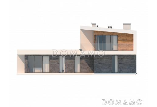 Проект современного двухэтажного дома из газобетона с плоской крышей, четырьмя комнатами и одноместным гаражом / Фасад 2
