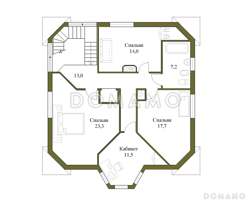 Проект квадратного коттеджа с башенкой / План мансардного этажа