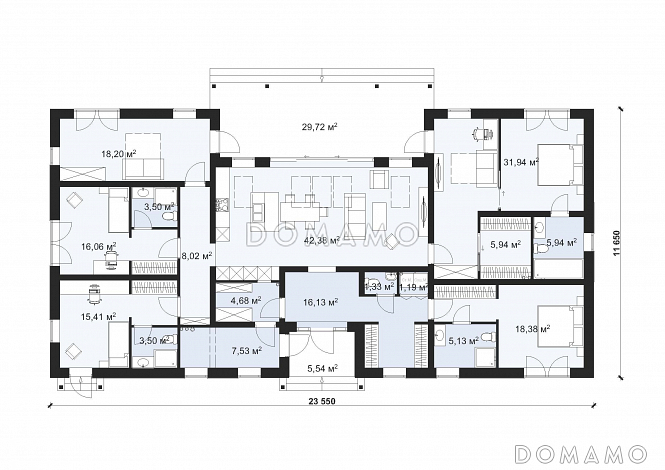Проект большого одноэтажного дома с шестью спальнями, большой гостиной и террасой S-237 / План 1 этажа