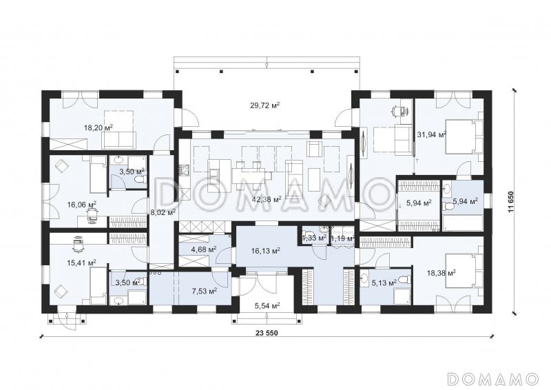 Проект большого одноэтажного дома с шестью спальнями, большой гостиной и террасой S-237 / План 1 этажа