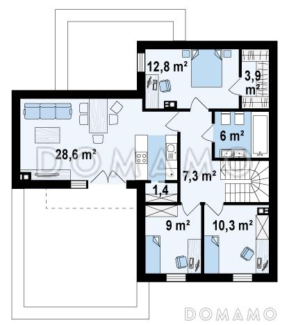 Проект современного комфортного двухэтажного дома из газобетона для двух семей с квартирами на разных этажах и общим гаражом с двумя въездами / План 2 этажа