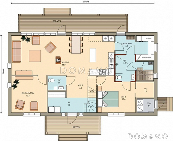 Проект каркасного дома с просторной душевой на втором этаже / План 1 этажа Проект каркасного дома с просторной душевой на втором этаже / План 1 этажа