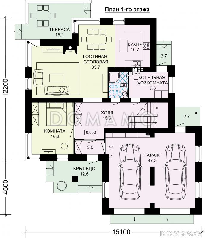 Проект дома из газобетона с большим гаражом / План 1 этажа