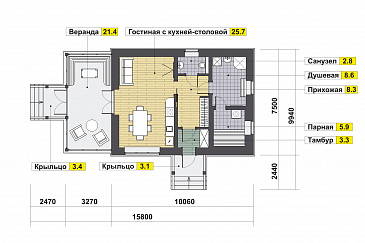 Проект бани с верандой, гостиной с кухней-столовой, парной и душевой / План 1 этажа