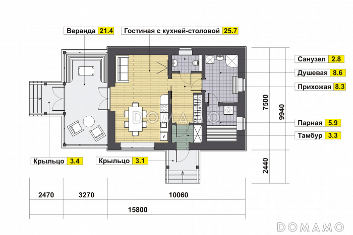 Проект бани с верандой, гостиной с кухней-столовой, парной и душевой / План 1 этажа