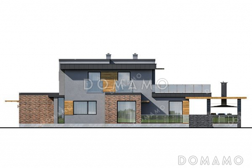 Проект двухэтажного дома с открытой террасой и гаражом на два автомобиля / Фасад 3
