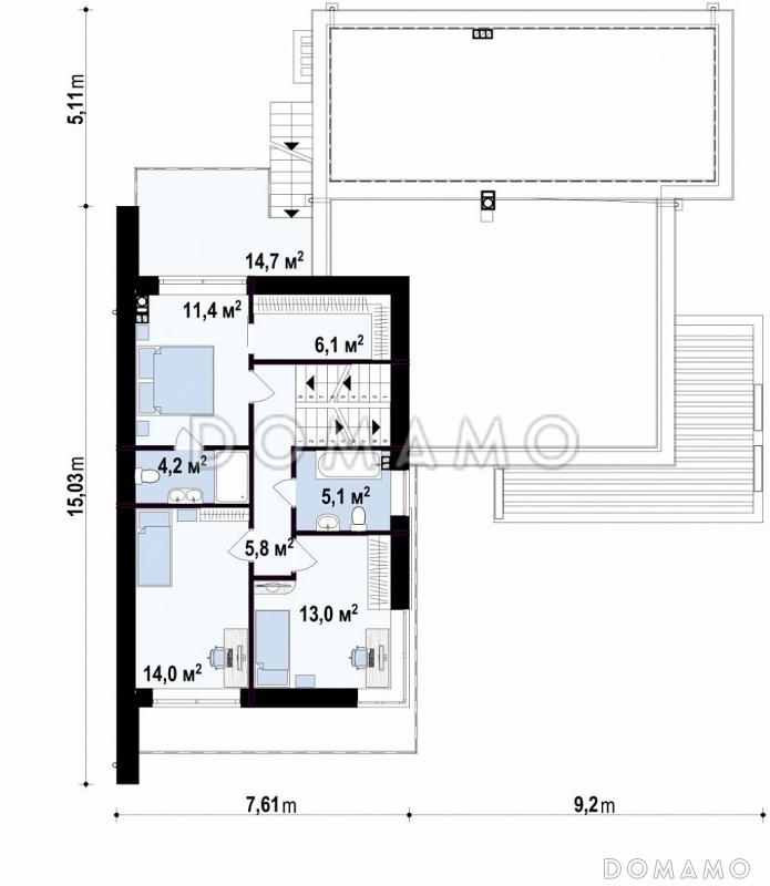 Проект современного двухэтажного дома из газобетона с подземным гаражом и террасой на втором уровне / План 2 этажа