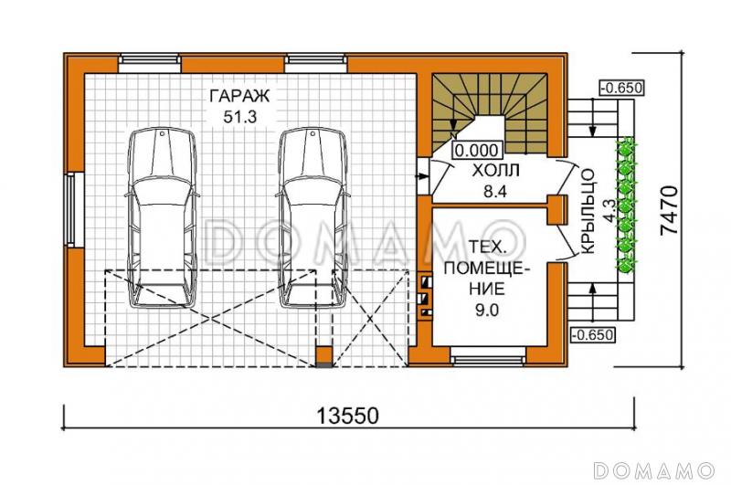 проект гаража на два автомобиля с мансардой / План 1 этажа