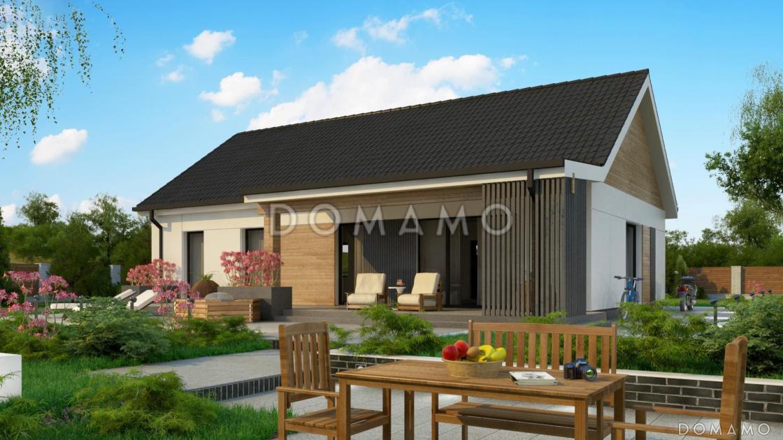 Проект одноэтажного дома с разделением спален и дневной зоны, террасой, угловой кухней, камином / 3