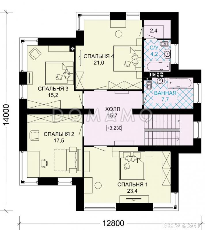 Проект двухэтажного особняка из пенобетона, облицованного кирпичом / План 2 этажа