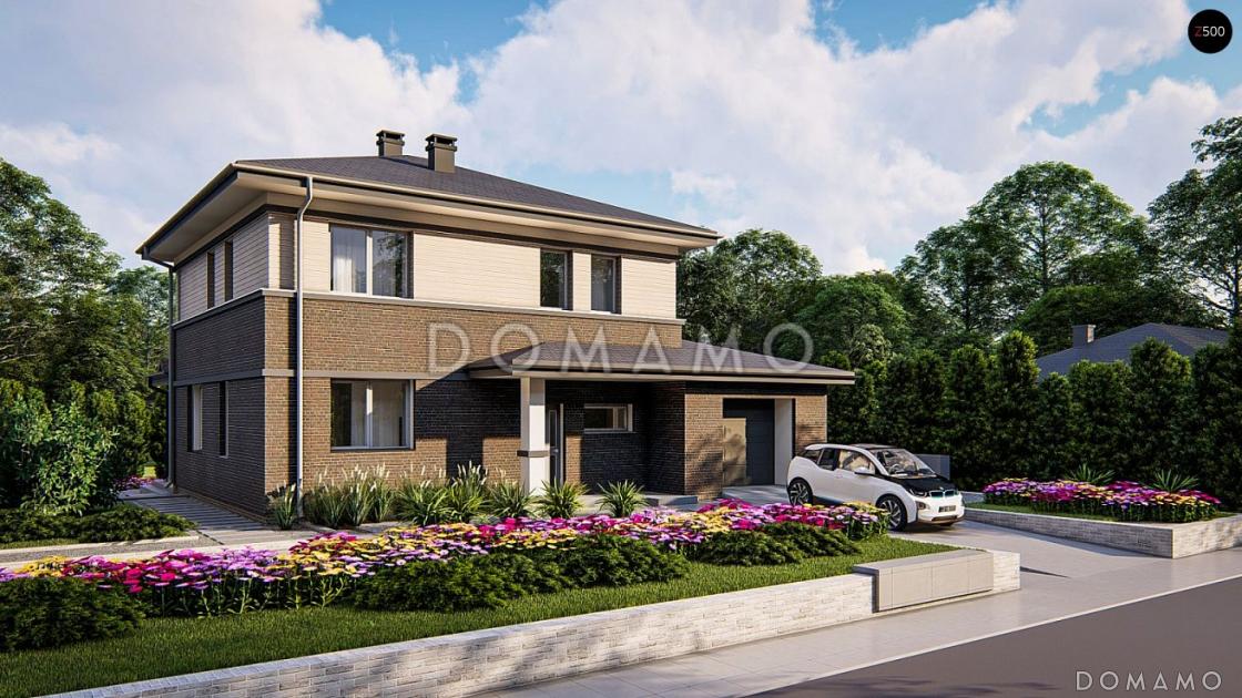 Проект двухэтажного дома из газобетона с гаражом, кабинетом, террасой / 1