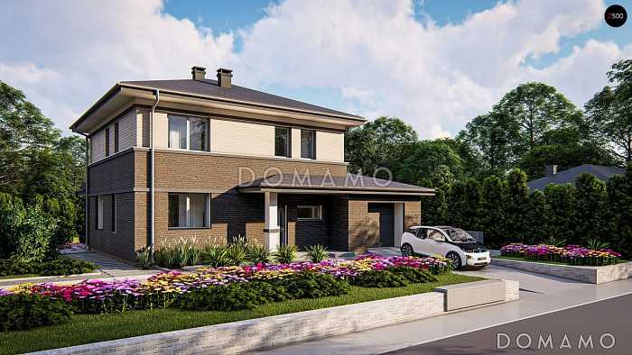 Проект двухэтажного дома из газобетона с гаражом, кабинетом, террасой