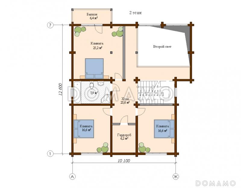 Проект деревянного дома с спальной комнатой на первом этаже / План мансардного этажа