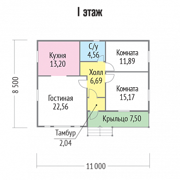 Проект бюджетного каркасного дома с небольшой крытой террасой / План 1 этажа Проект бюджетного каркасного дома с небольшой крытой террасой / План 1 этажа