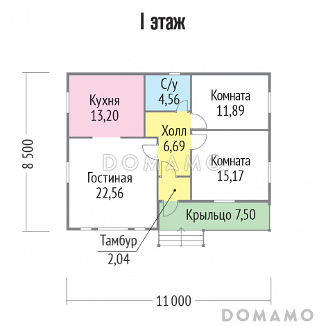 Проект бюджетного каркасного дома с небольшой крытой террасой / План 1 этажа Проект бюджетного каркасного дома с небольшой крытой террасой / План 1 этажа