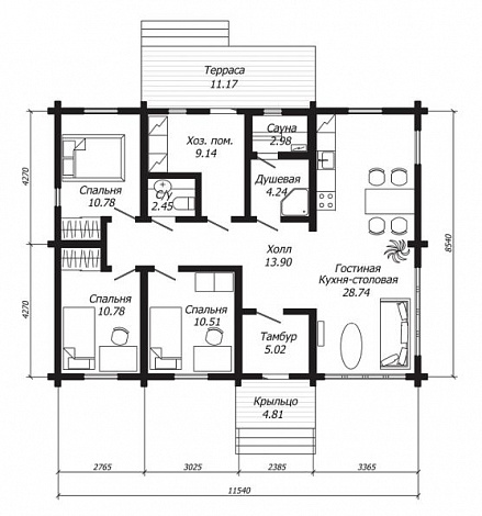 Проект функционального одноэтажного дома из клееного бруса / План 1 этажа