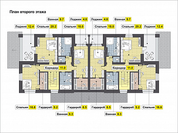 Проект загородного дома с изолированной кухней, крытой террасой, лоджиями, вторым светом / План 2 этажа Проект загородного дома с изолированной кухней, крытой террасой, лоджиями, вторым светом / План 2 этажа