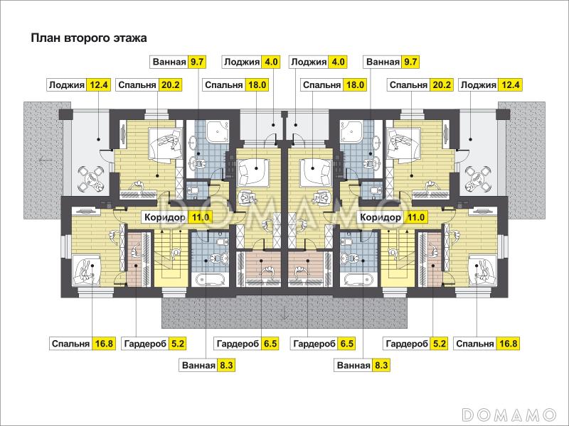 Проект загородного дома с изолированной кухней, крытой террасой, лоджиями, вторым светом / План 2 этажа
