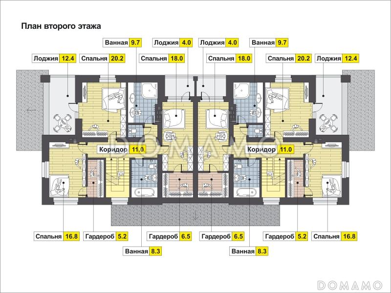 Проект загородного дома с изолированной кухней, крытой террасой, лоджиями, вторым светом / План 2 этажа