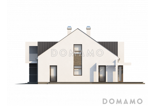 Проект просторного современного одноэтажного дома из кирпича  с мансардой, с двумя балконами в кровле и встроенным гаражом / Фасад 4