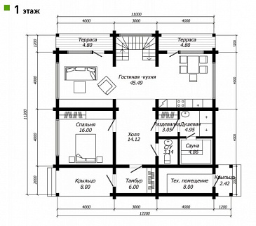 Проект дома из клееного бруса с симметричной планировкой второго этажа  / План 1 этажа