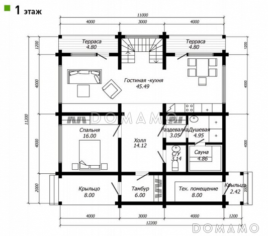 Проект дома из клееного бруса с симметричной планировкой второго этажа  / План 1 этажа