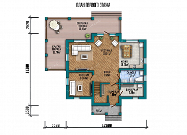 Проект одноэтажного дома с мансардой, террасой и тремя спальнями / План 1 этажа